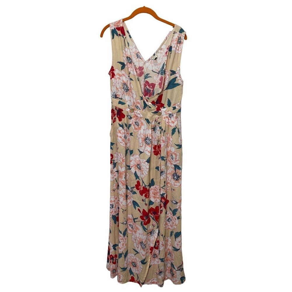 ROXY Floral In The Mood‎ For Dance Midi Wrap Dress Cream Red Sleeveless Small